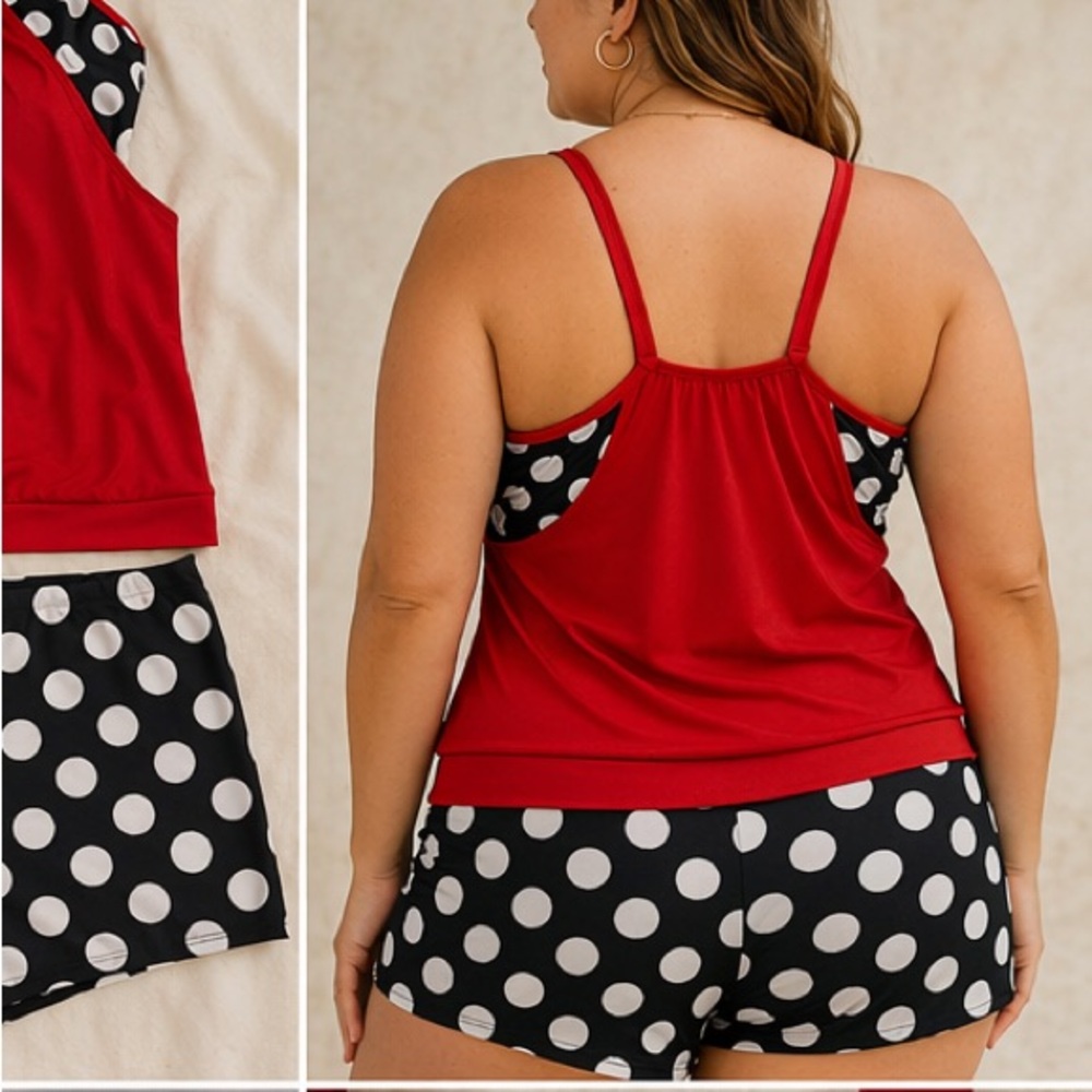 Red Polka Dot Tankini Set XXL | Modest Swim Shorts Retro Style - Picture 3 of 4